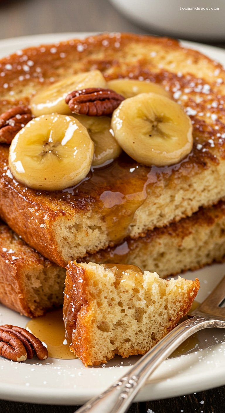 Caramelized Banana Brioche French Toast with Pecans – Closeup