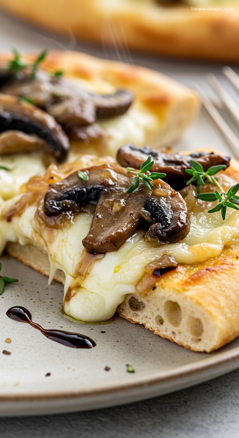 Caramelized Onion and Mushroom Flatbread with Fontina and Thyme – Closeup