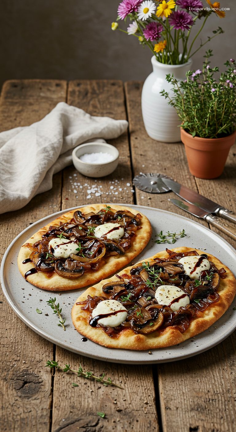 Caramelized Onion and Mushroom Flatbread with Fontina and Thyme
