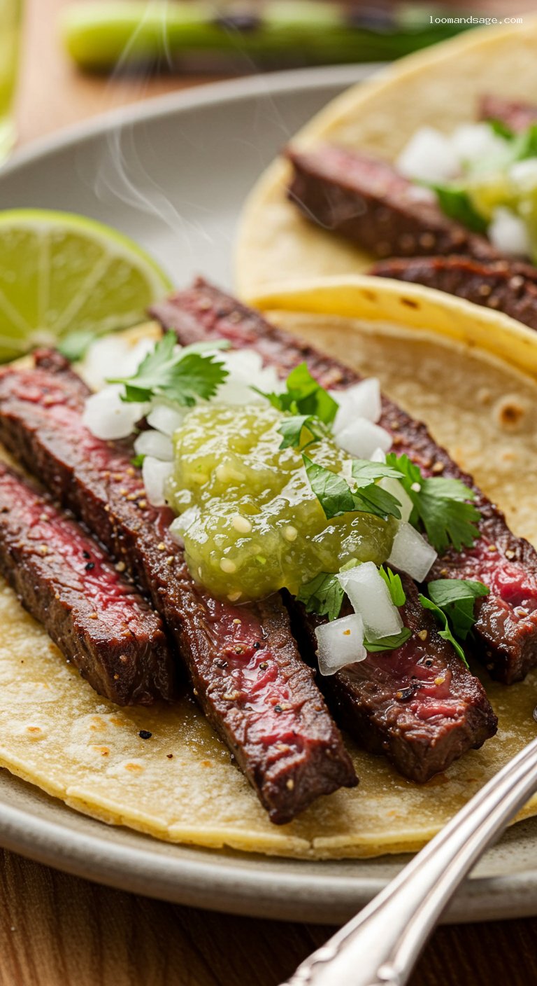 Carne Asada Tacos with Salsa Verde and Lime – Closeup