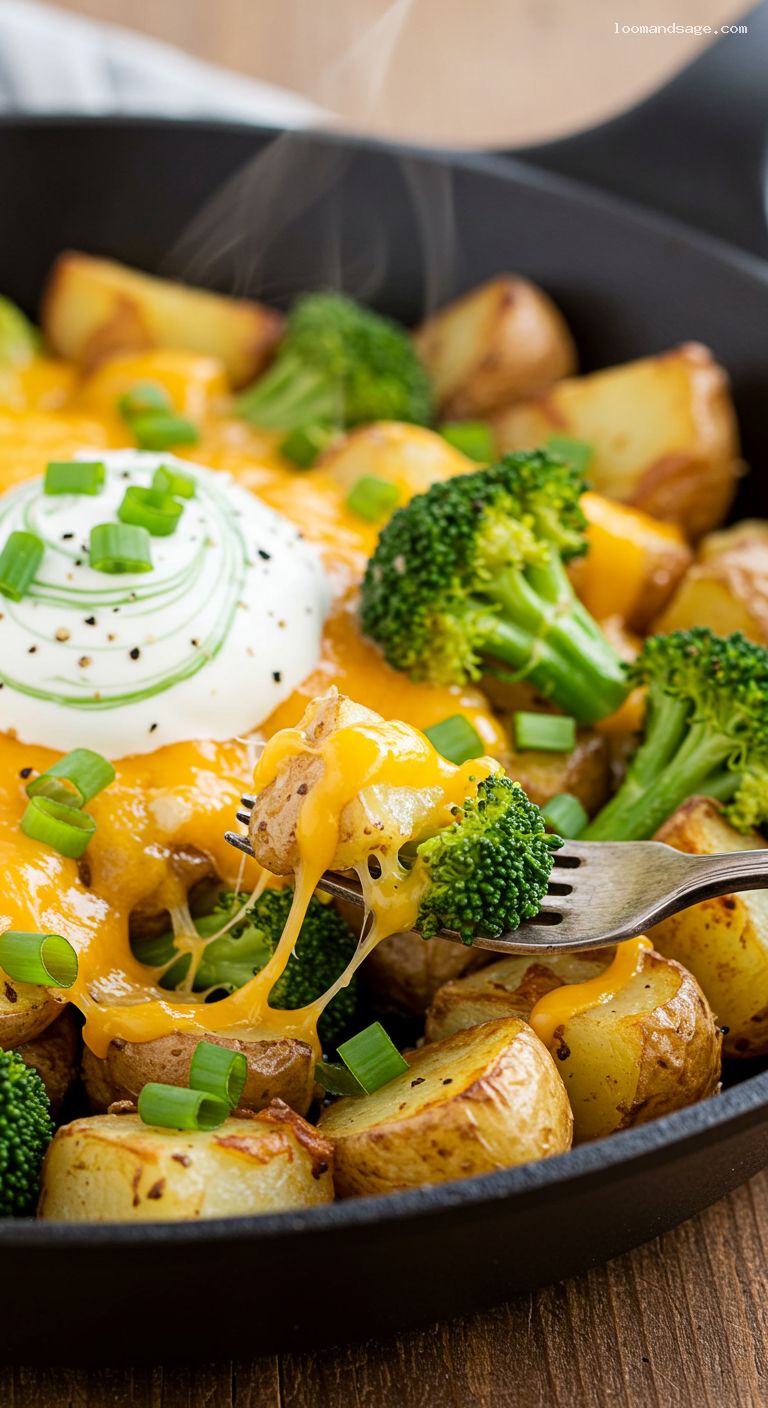Cheesy Broccoli and Potato Skillet Hash with Sour Cream – Closeup