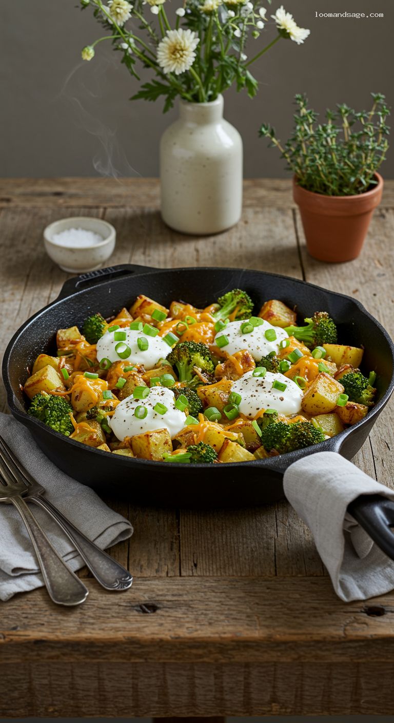 Cheesy Broccoli and Potato Skillet Hash with Sour Cream