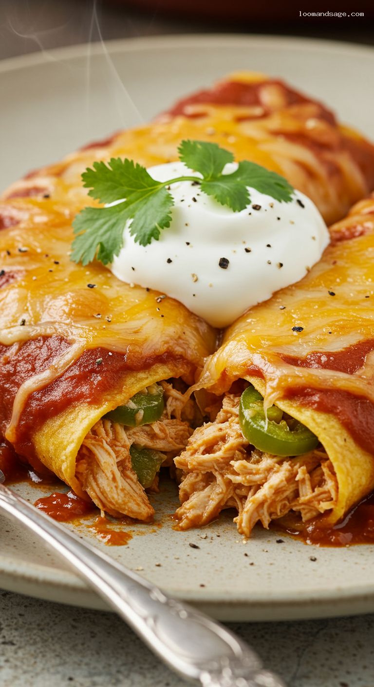 Cheesy Chicken Enchiladas with Red Sauce – Closeup