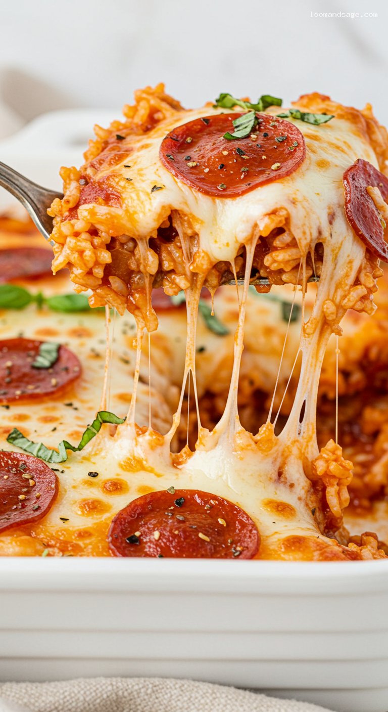 Cheesy Pizza Rice Bake with Mozzarella and Pepperoni – Closeup