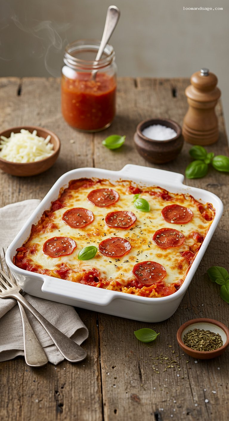 Cheesy Pizza Rice Bake with Mozzarella and Pepperoni