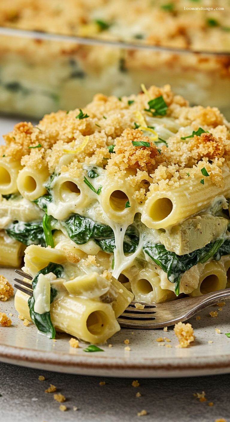 Cheesy Spinach Artichoke Chicken Pasta Bake – Closeup
