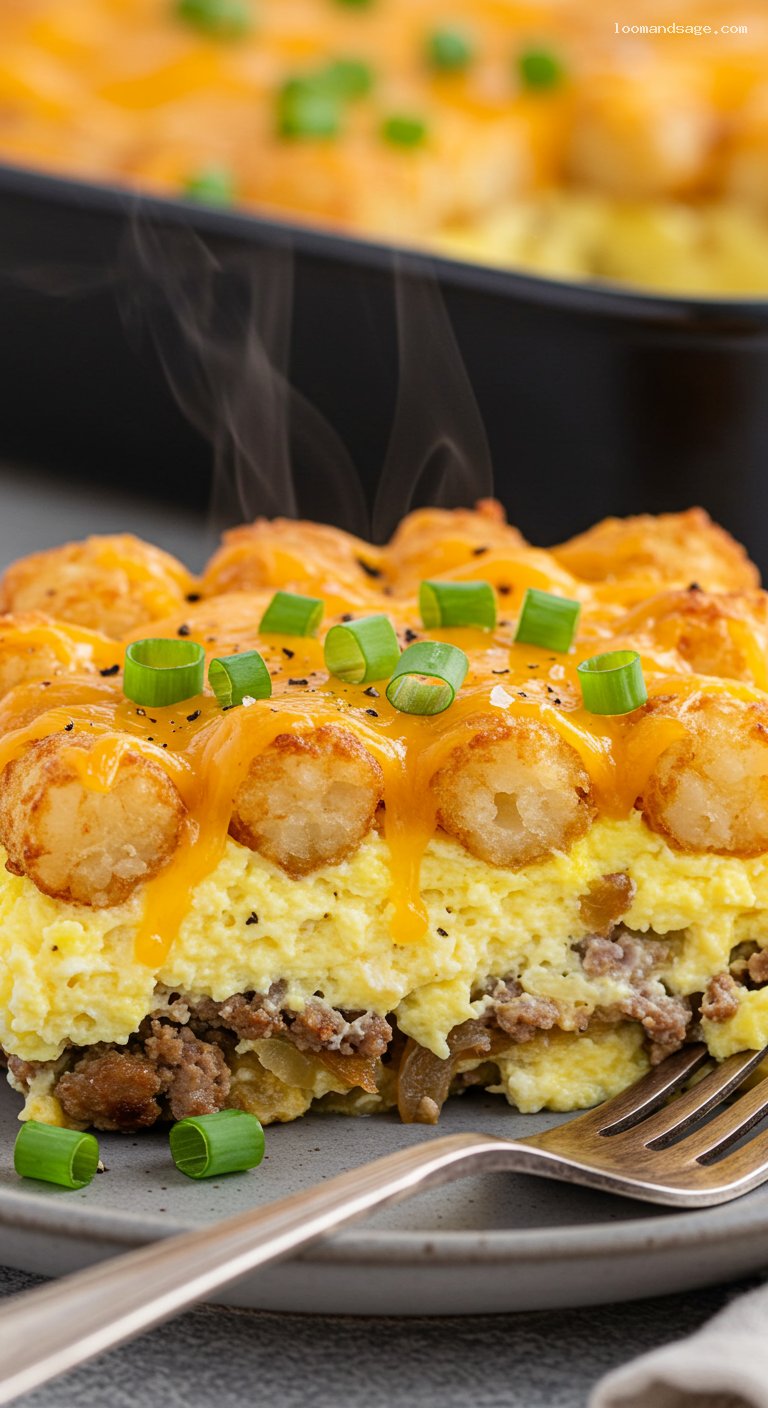 Cheesy Tater Tot Breakfast Casserole with Sausage – Closeup