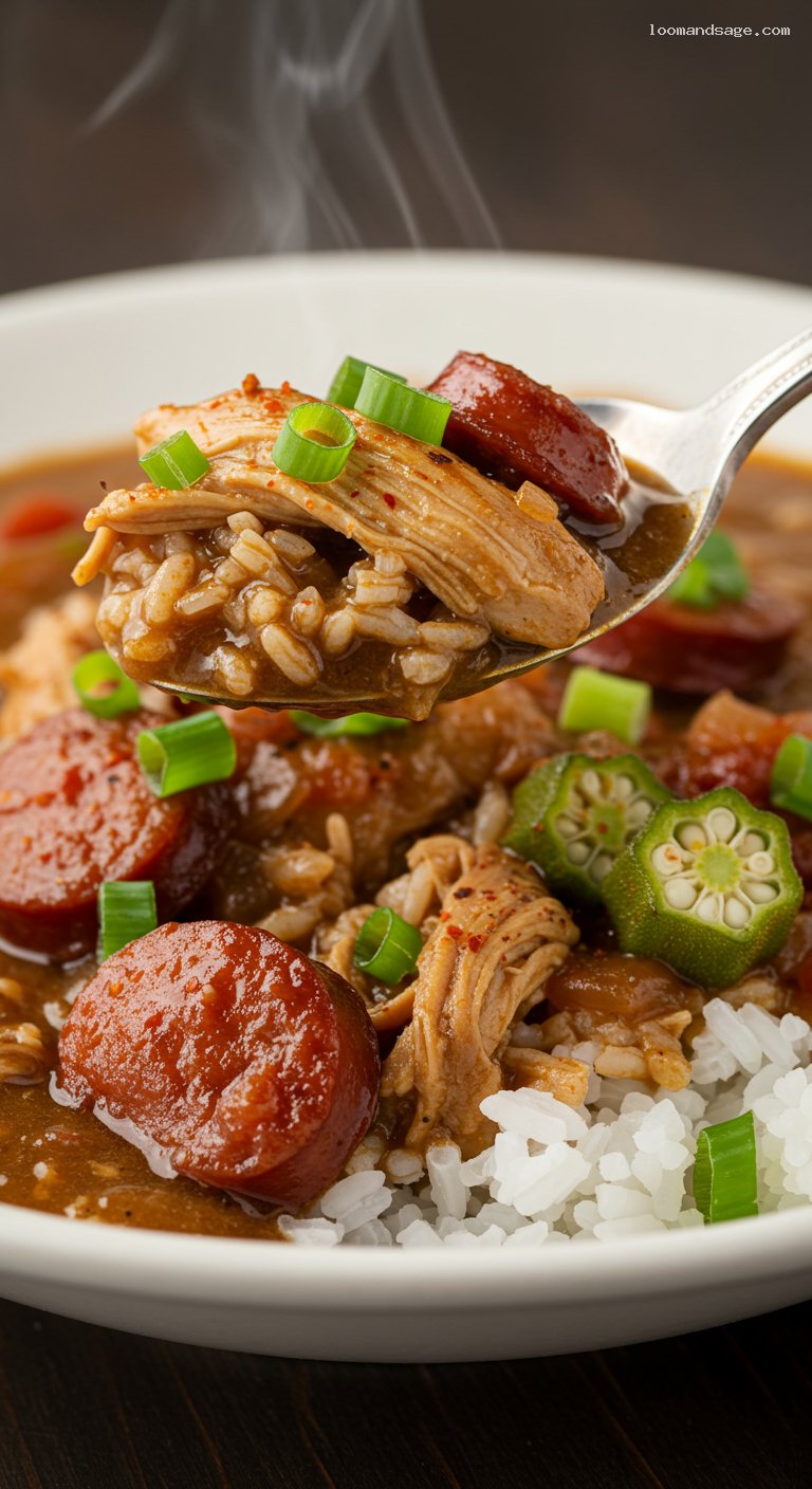 Chicken and Andouille Gumbo with Okra and Filé – Closeup