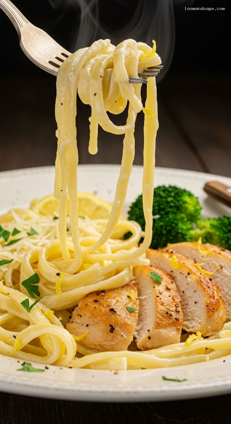 Chicken Broccoli Fettuccine Alfredo in Parmesan Cream Sauce – Closeup
