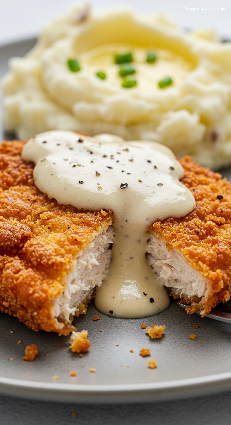 Chicken-Fried Chicken with Black Pepper Gravy – Closeup