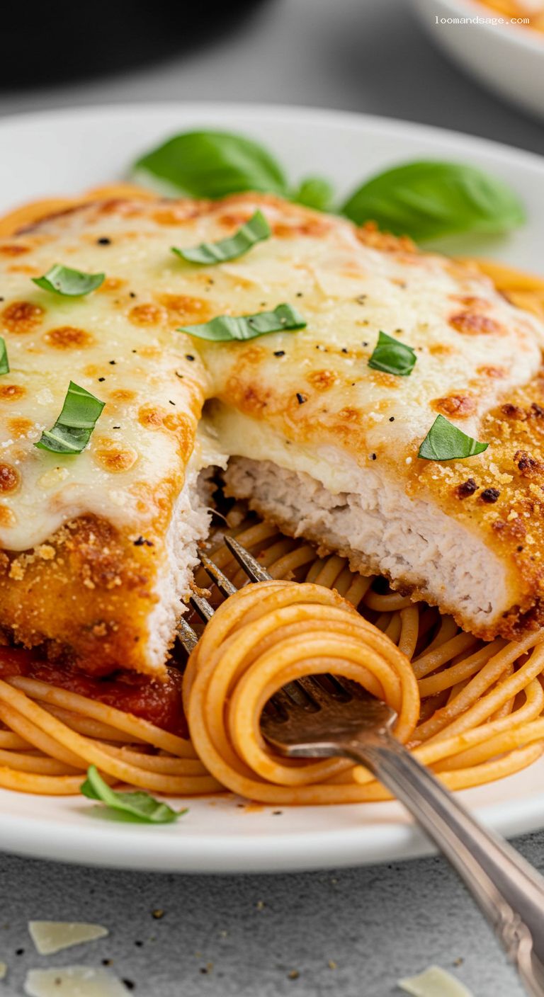 Chicken Parmesan with Spaghetti and Fresh Basil – Closeup