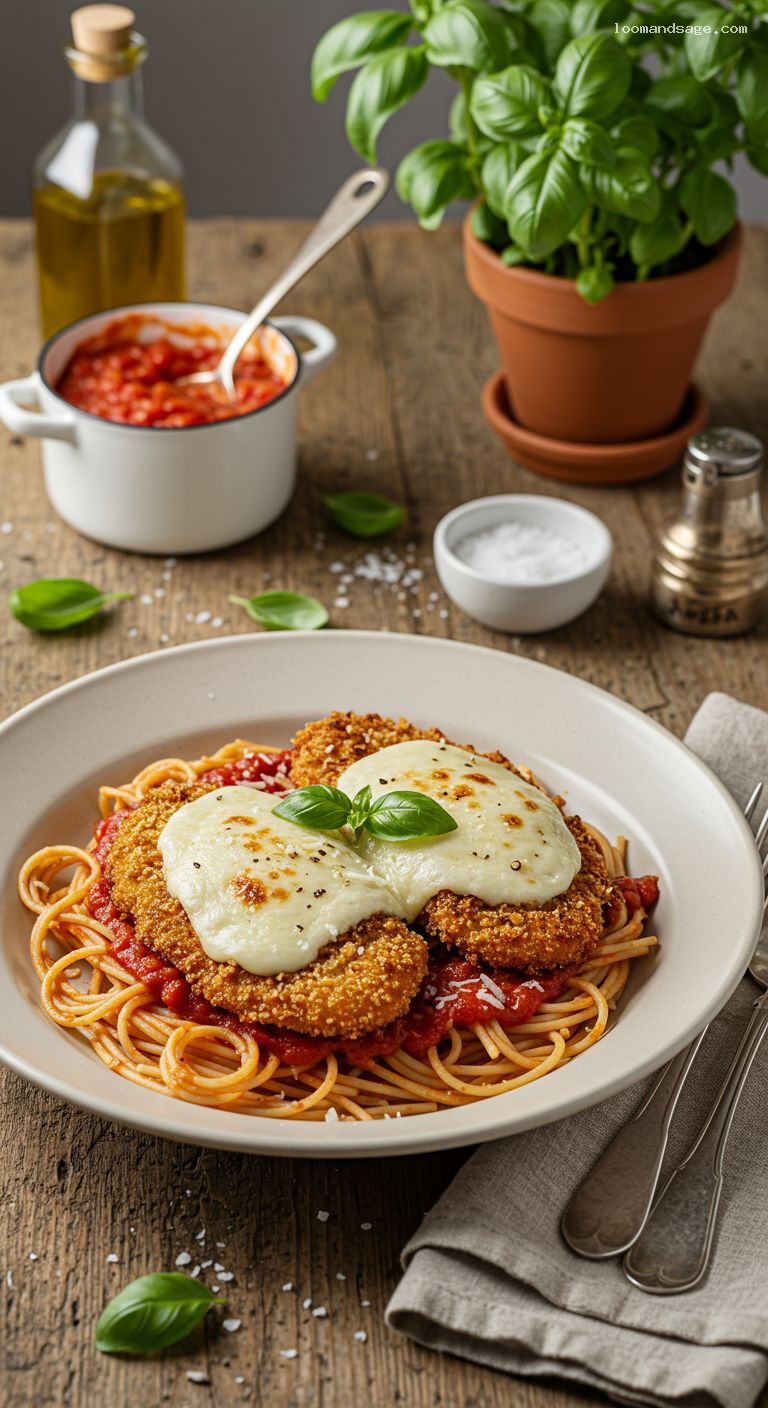 Chicken Parmesan with Spaghetti and Fresh Basil