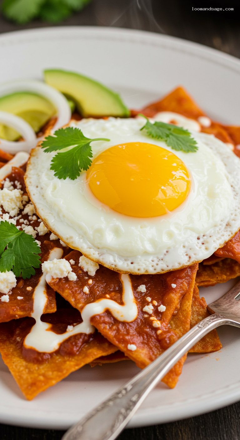 Chilaquiles Rojos with Chile de Árbol Sauce – Closeup