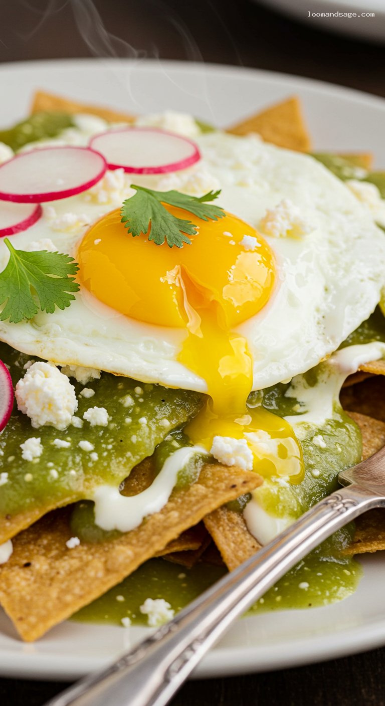 Chilaquiles Verdes with Fried Egg and Queso Fresco – Closeup
