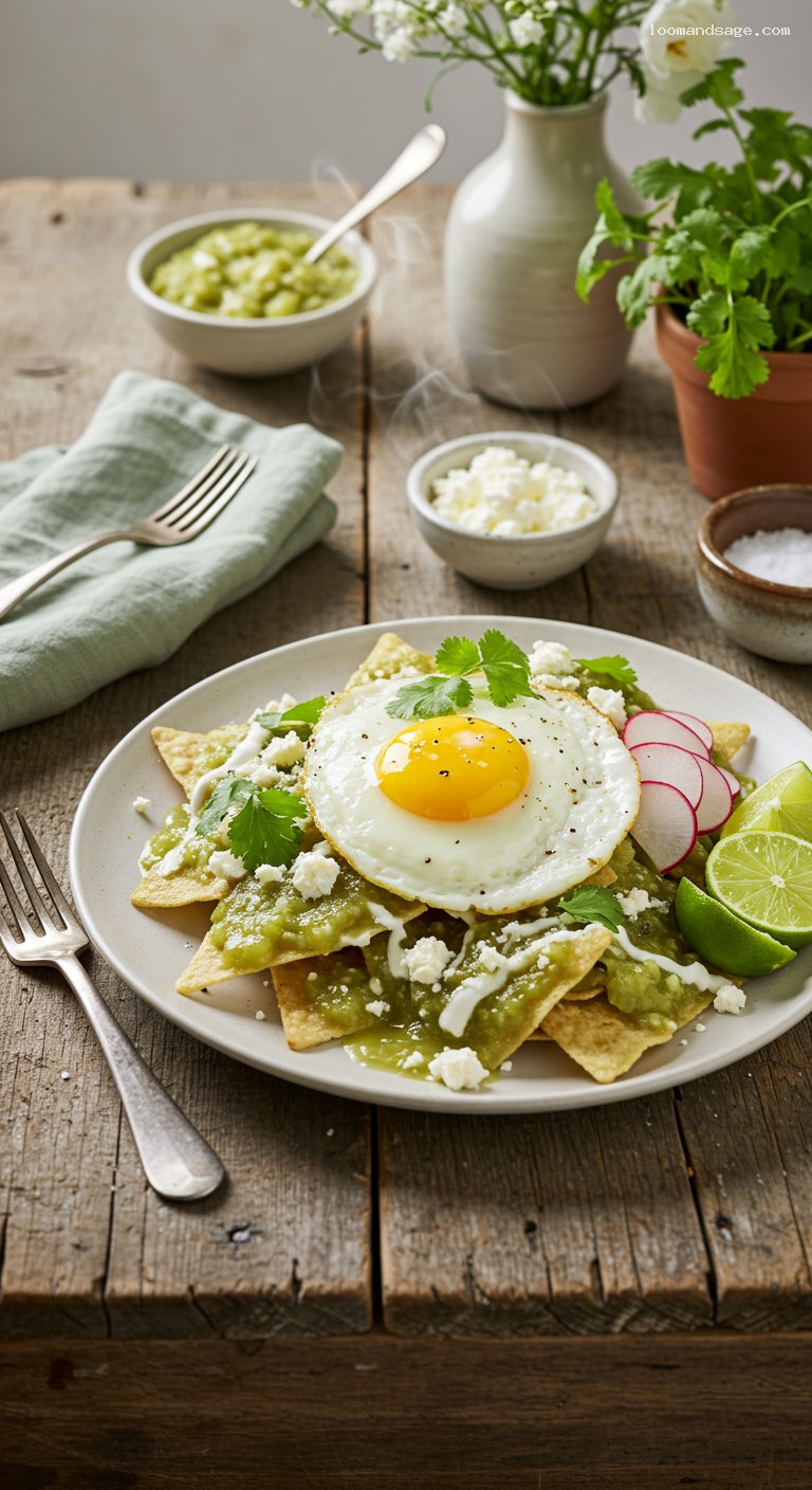 Chilaquiles Verdes with Fried Egg and Queso Fresco