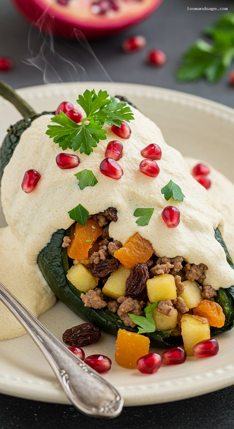 Chiles en Nogada with Creamy Walnut Sauce – Closeup