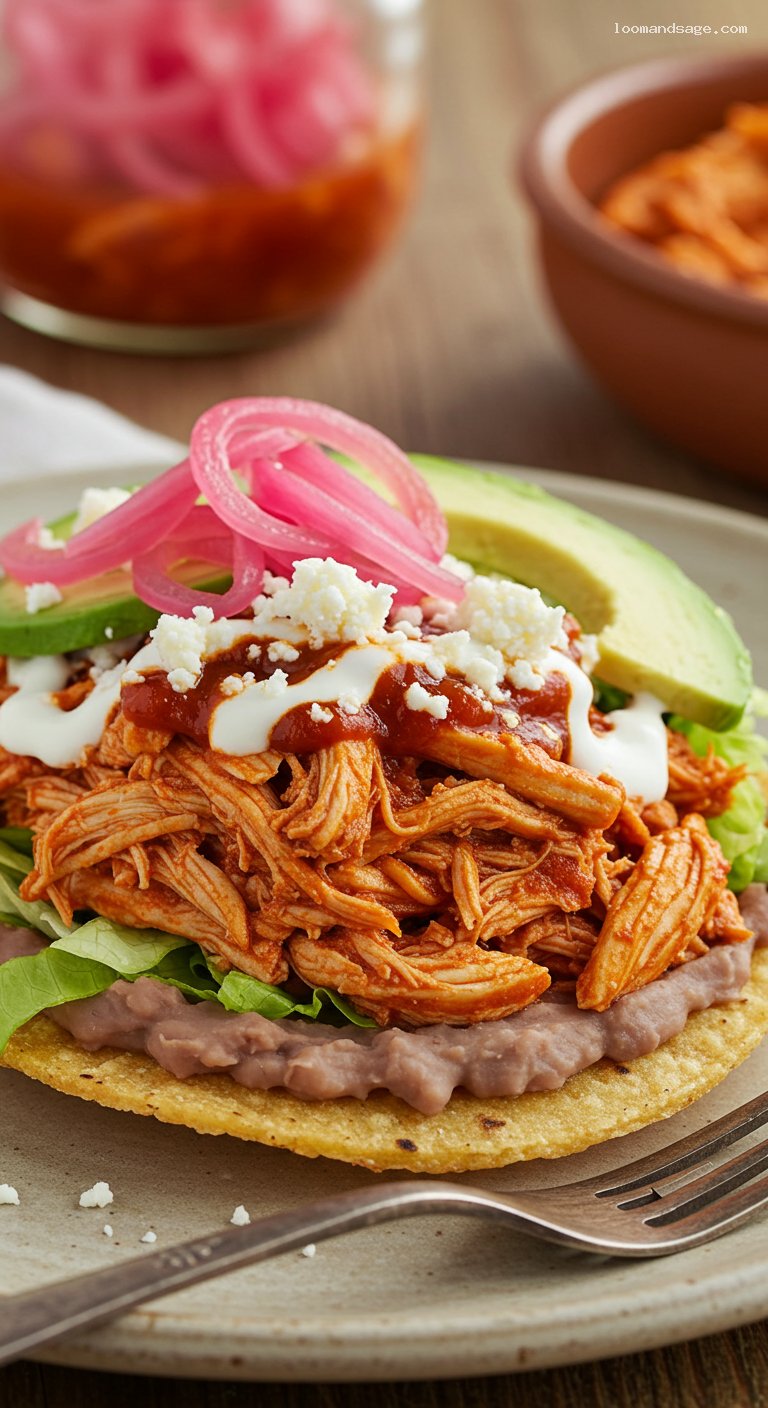 Chipotle Chicken Tinga Tostadas with Creamy Beans – Closeup