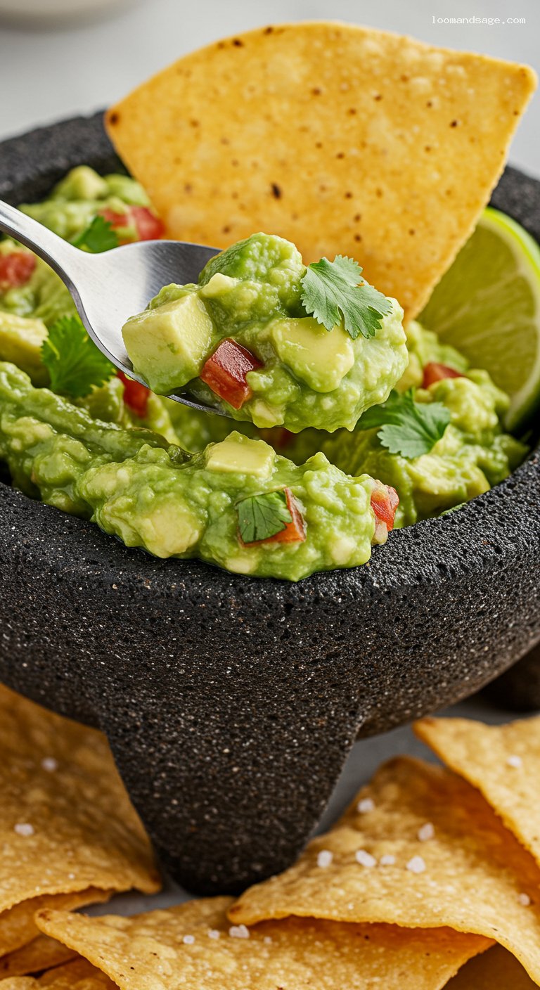 Chunky Guacamole with Crispy Tortilla Chips – Closeup