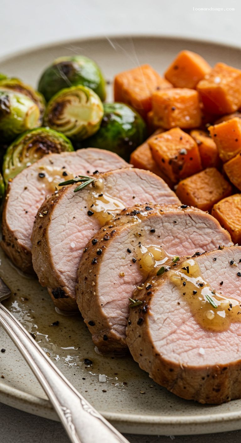 Cider-Roasted Pork Tenderloin with Rosemary and Brown Butter Brussels Sprouts – Closeup