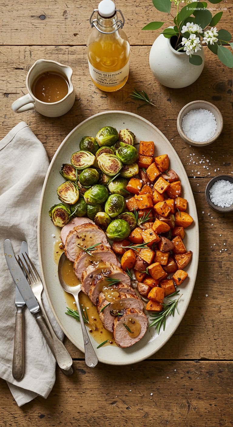 Cider-Roasted Pork Tenderloin with Rosemary and Brown Butter Brussels Sprouts