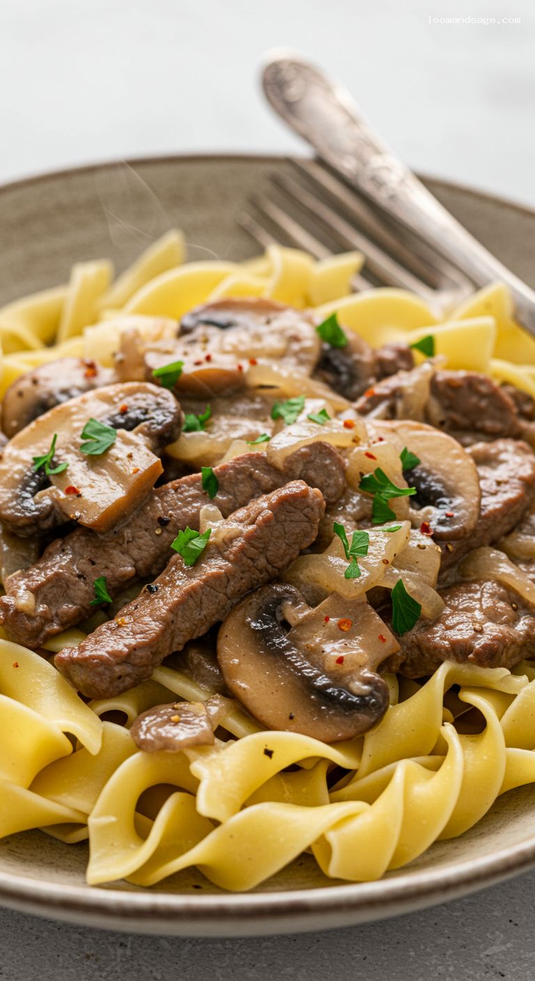 Classic Beef Stroganoff with Buttered Egg Noodles – Closeup
