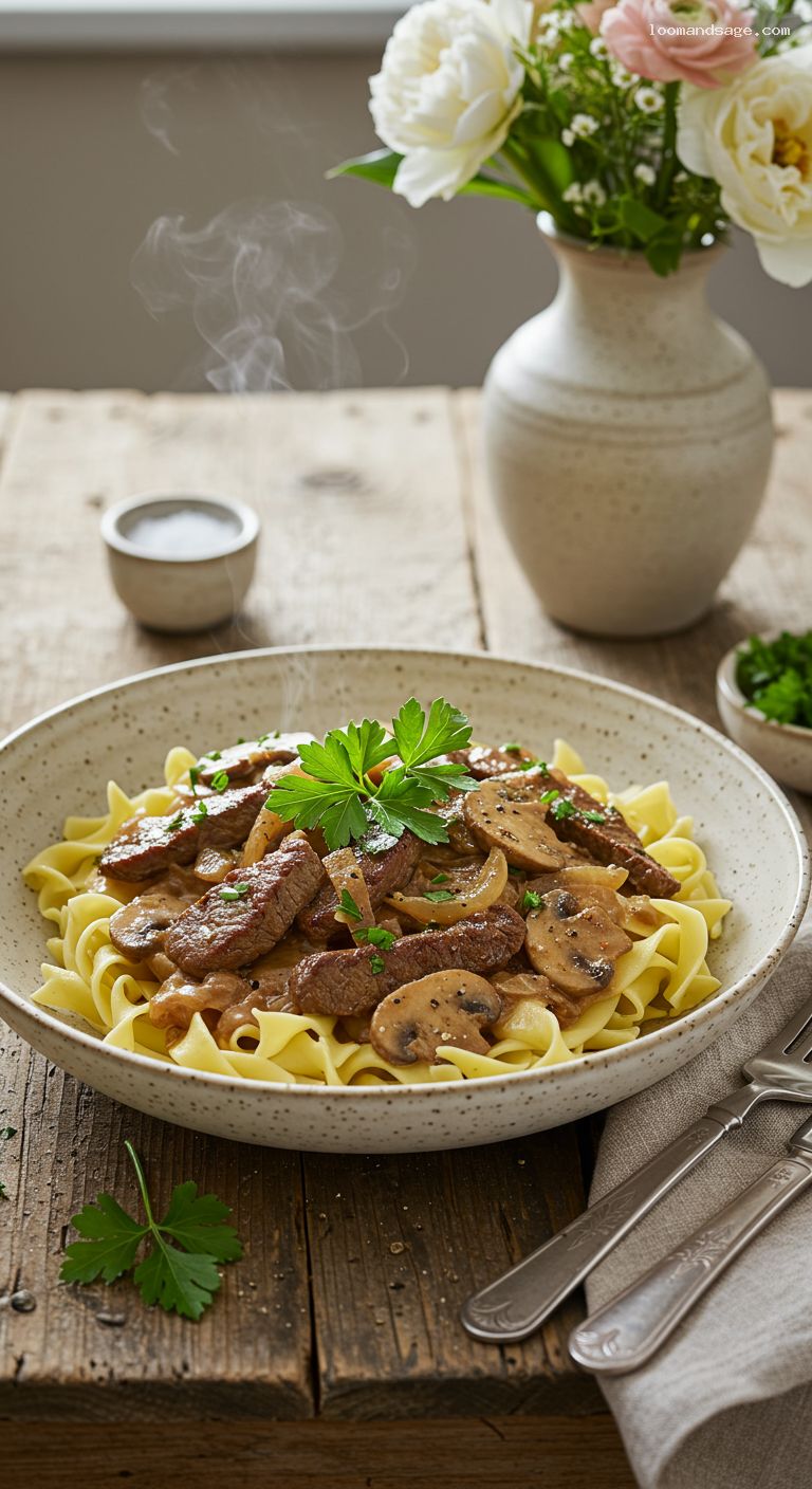 Classic Beef Stroganoff with Buttered Egg Noodles