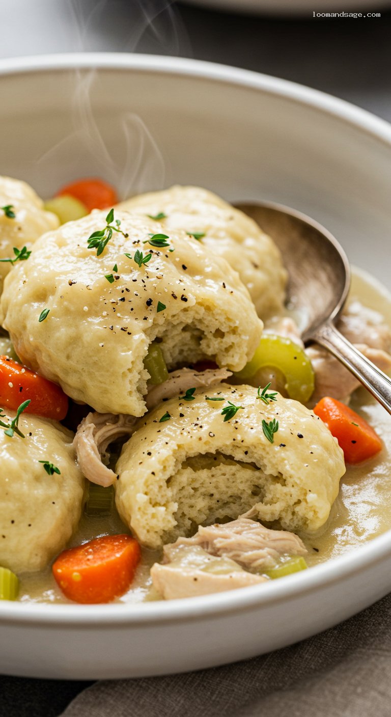 Classic Chicken and Dumplings with Thyme and Pepper – Closeup
