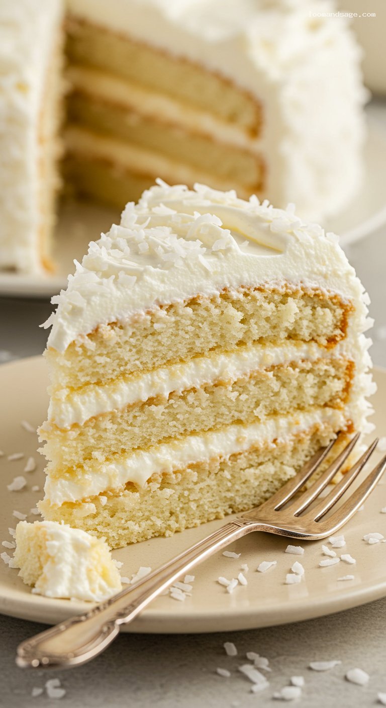 Classic Coconut Layer Cake with Coconut Frosting – Closeup