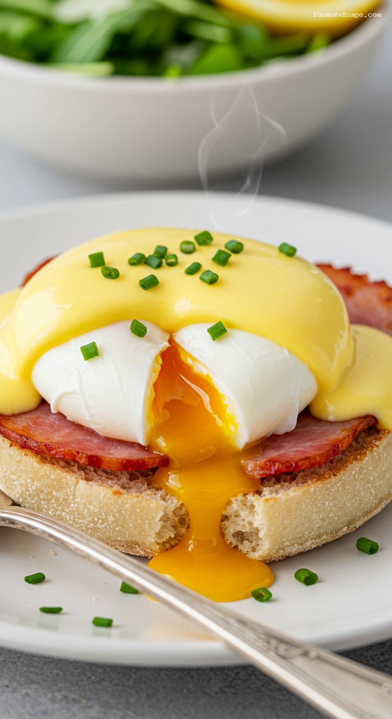 Classic Eggs Benedict with Arugula Salad – Closeup
