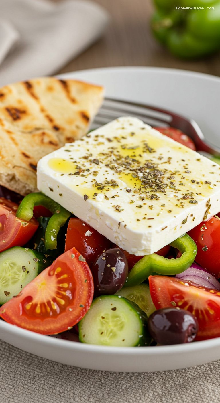 Classic Greek Village Salad with Feta and Pita – Closeup