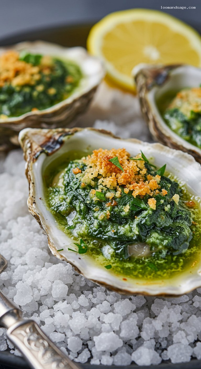 Classic Oysters Rockefeller with Buttery Herb Spinach – Closeup
