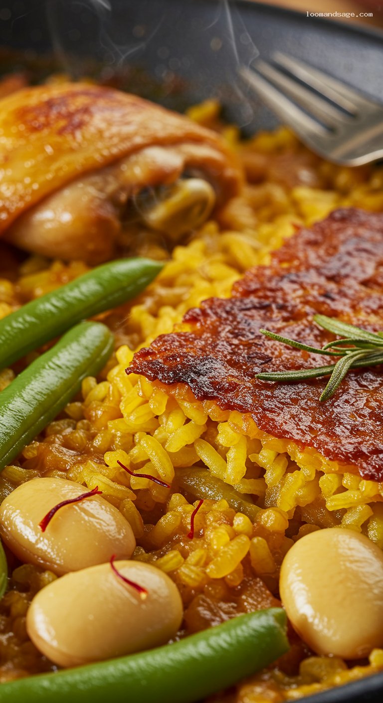 Classic Paella Valenciana with Saffron and Socarrat – Closeup