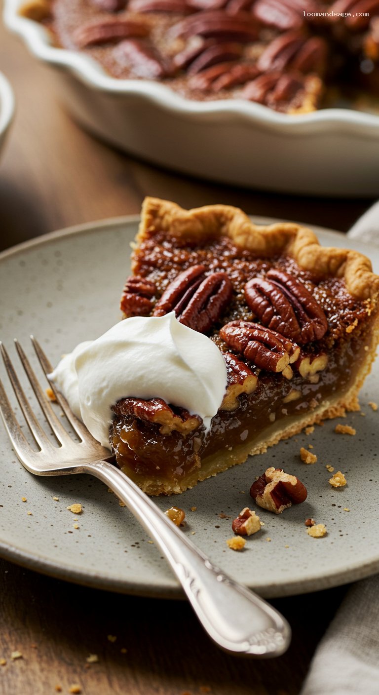 Classic Pecan Pie with Buttery Crust and Vanilla – Closeup