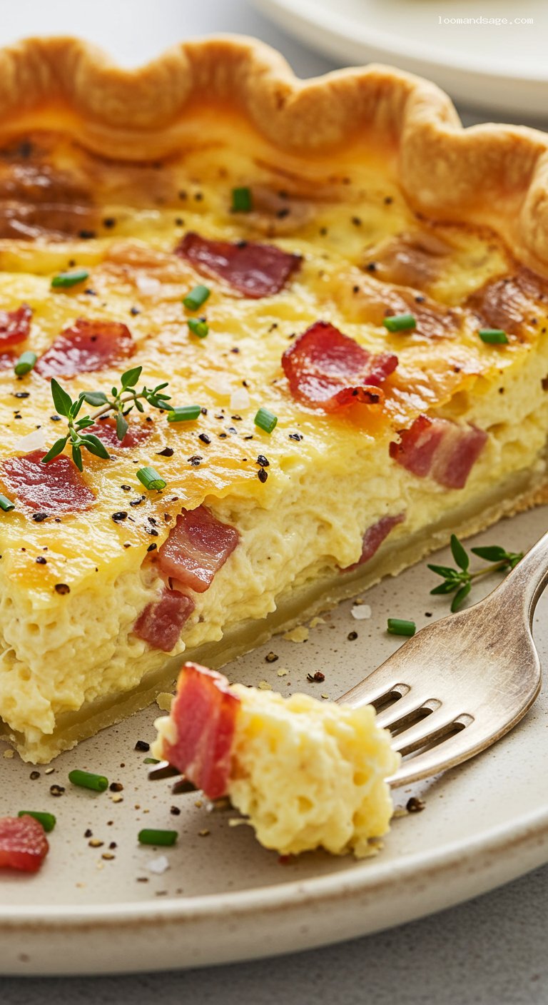 Classic Quiche Lorraine with Bacon, Onions, and Gruyère – Closeup