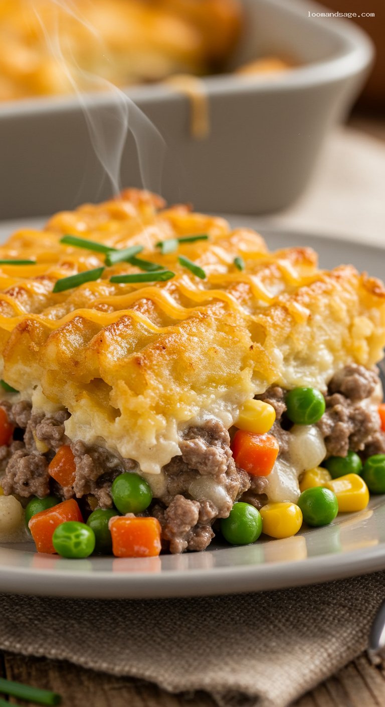 Classic Tater Tot Hotdish with Beef and Veggies – Closeup