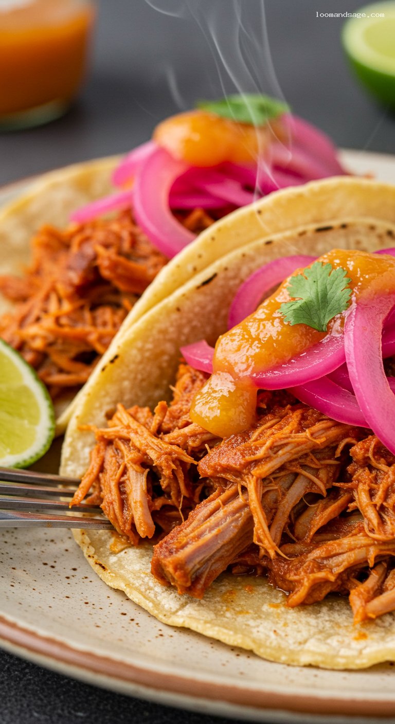 Cochinita Pibil Tacos with Pickled Red Onions – Closeup