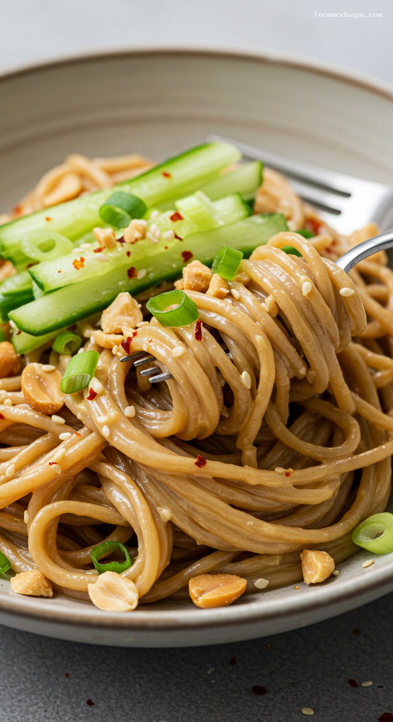Cold Sesame-Peanut Noodles with Cucumber and Scallions – Closeup