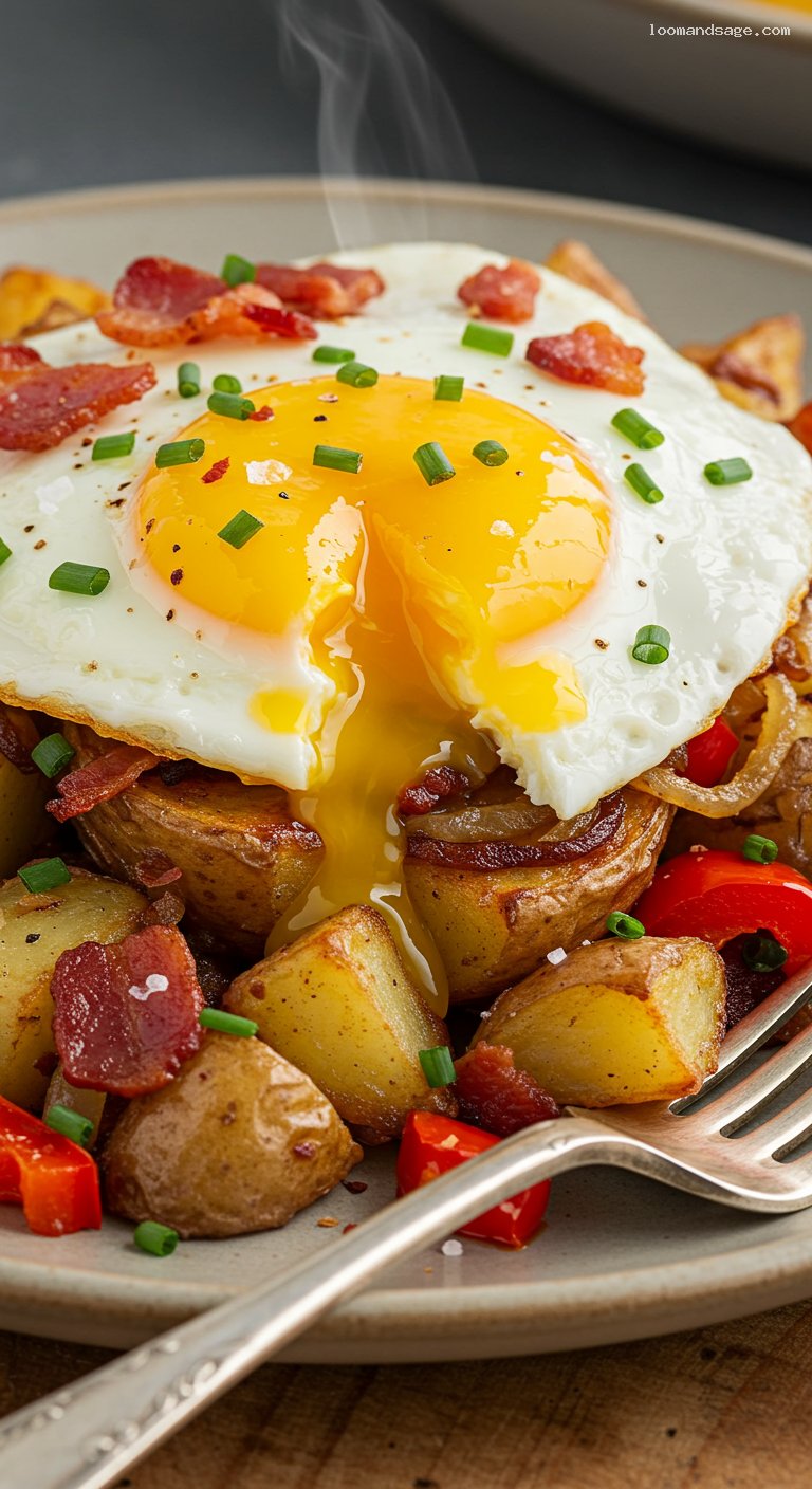 Country Breakfast Hash with Crispy Potatoes and Eggs – Closeup