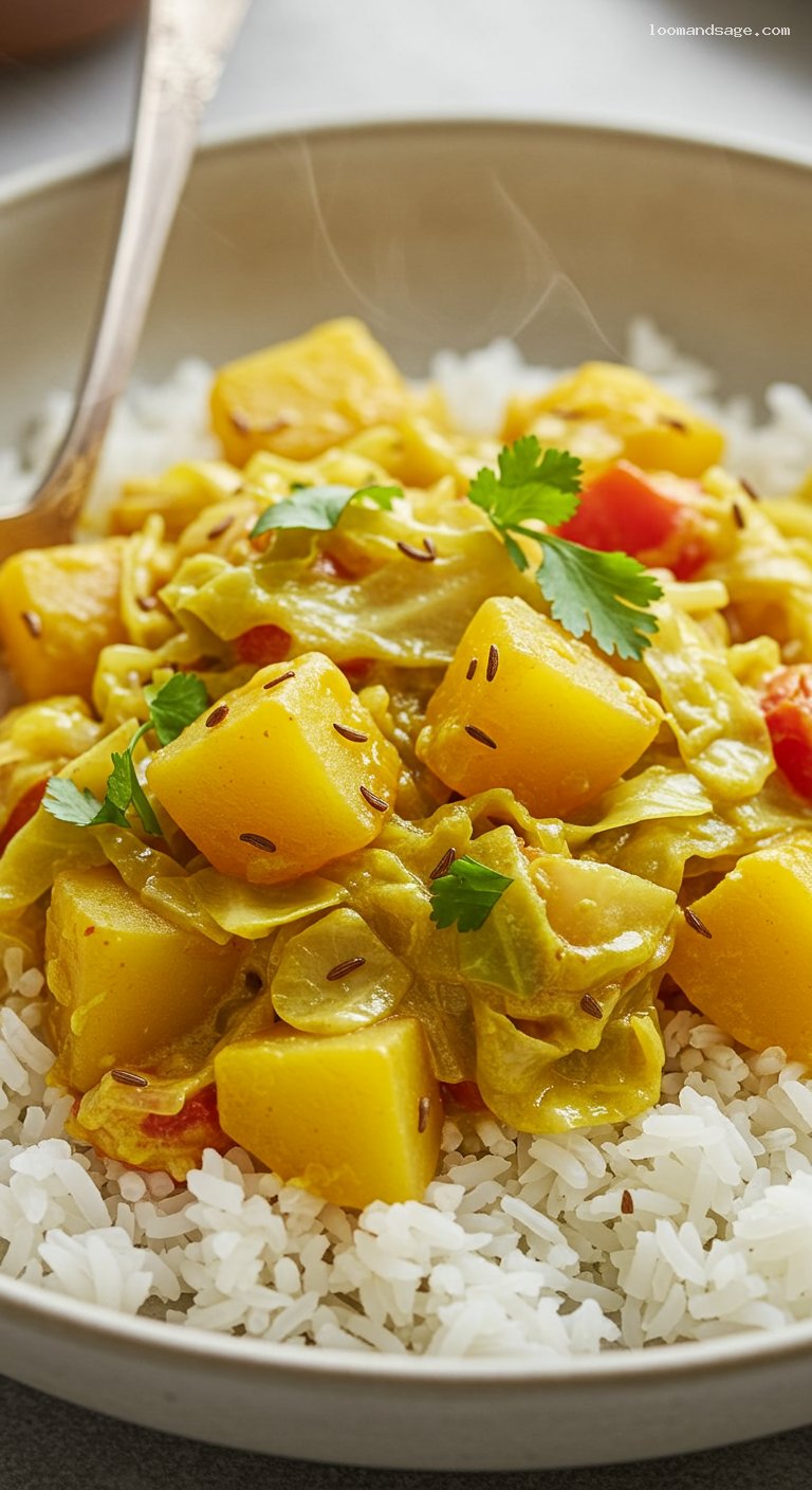 Cozy Cabbage and Potato Curry with Coconut Milk – Closeup