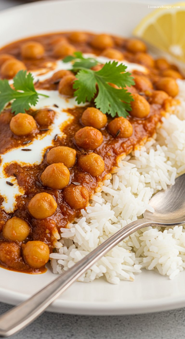 Cozy Chana Masala with Basmati Rice – Closeup