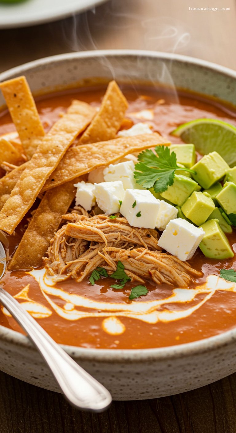Cozy Sopa de Tortilla with Chicken and Avocado – Closeup