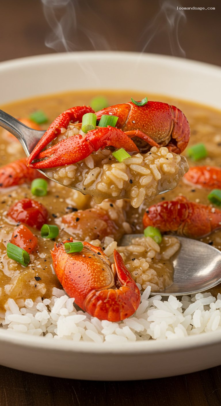 Crawfish Étouffée with Cajun Trinity Over Rice – Closeup