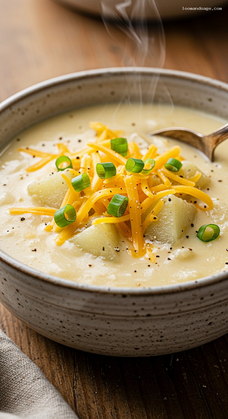 Creamy Baked Potato Soup with Cheddar and Scallions – Closeup