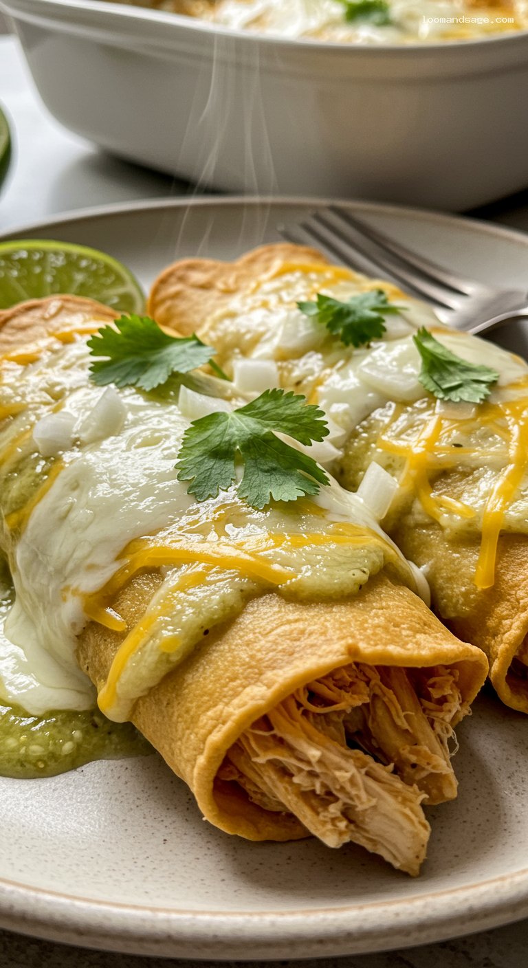 Creamy Chicken Enchiladas Suizas with Tomatillo Sauce – Closeup