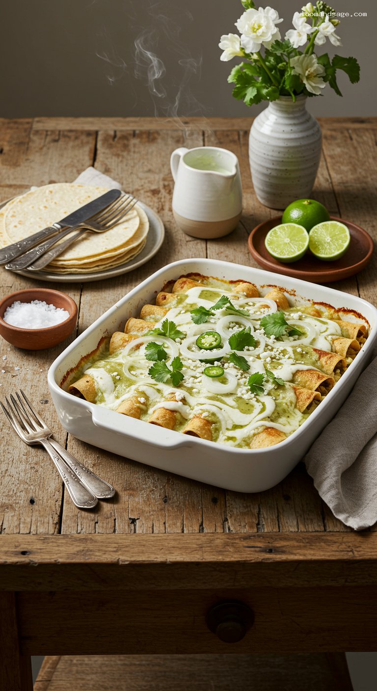 Creamy Chicken Enchiladas Suizas with Tomatillo Sauce
