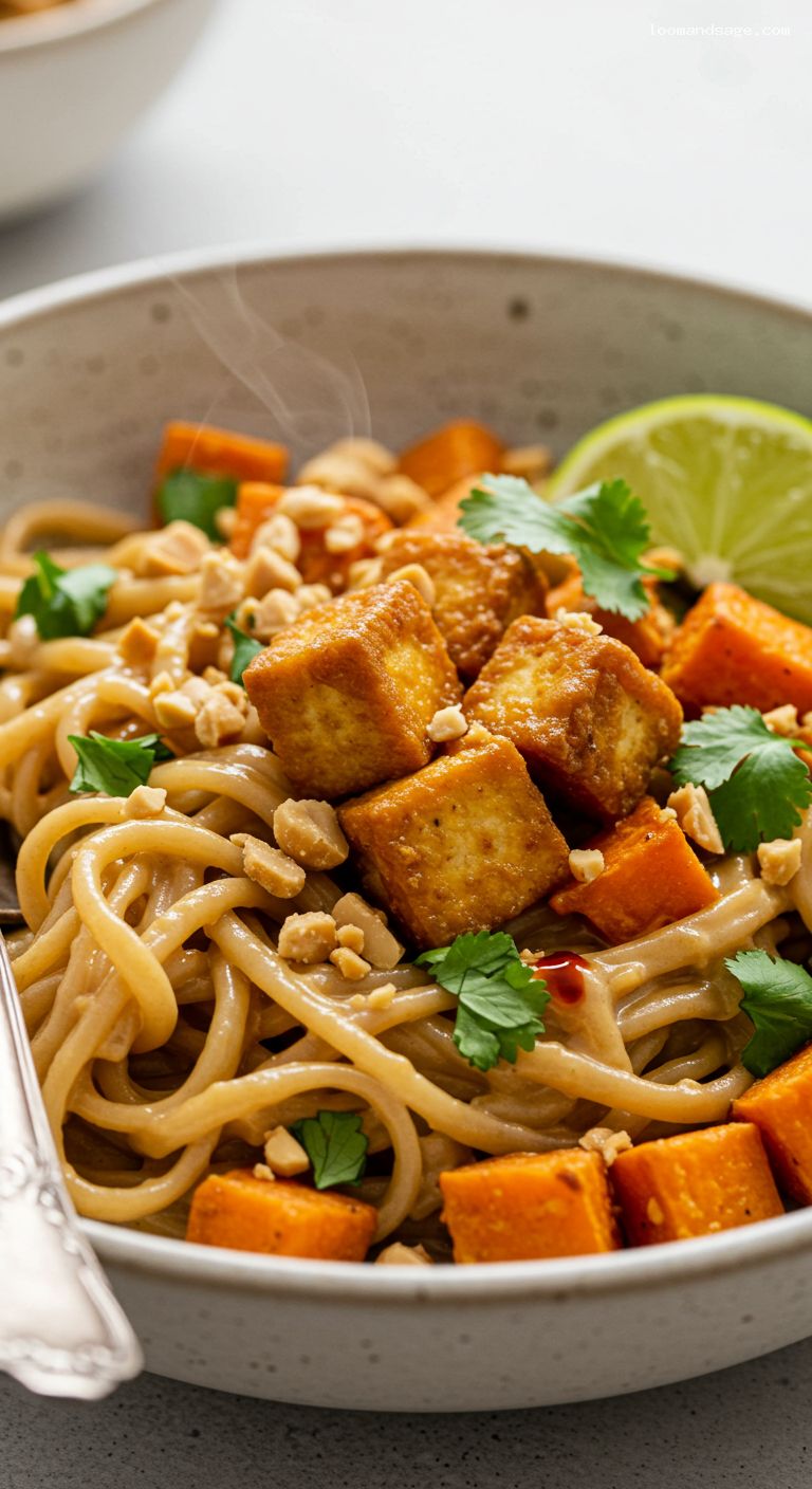 Creamy Coconut Peanut Noodles with Roasted Sweet Potato and Tofu – Closeup