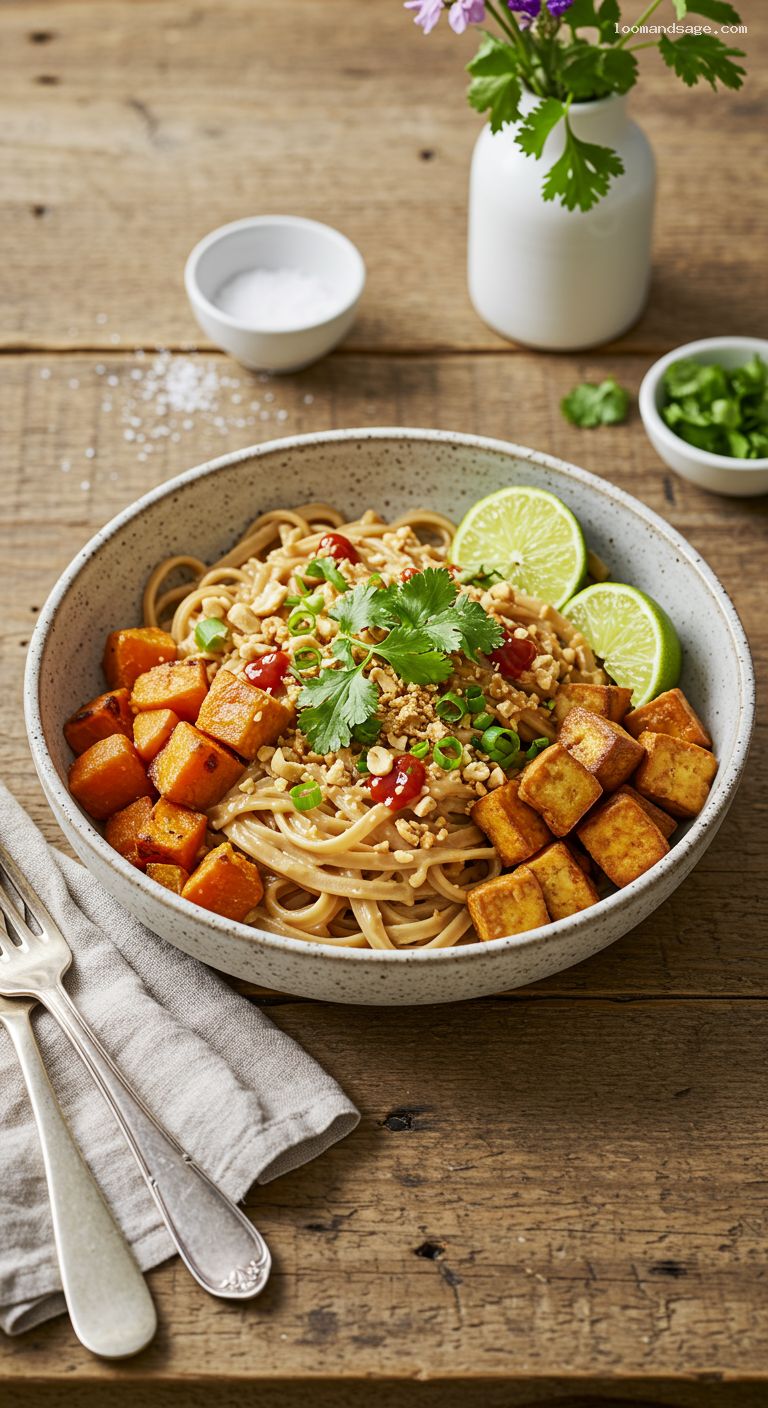 Creamy Coconut Peanut Noodles with Roasted Sweet Potato and Tofu