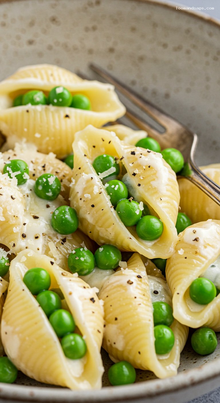 Creamy Cottage Cheese Alfredo with Peas and Shells – Closeup