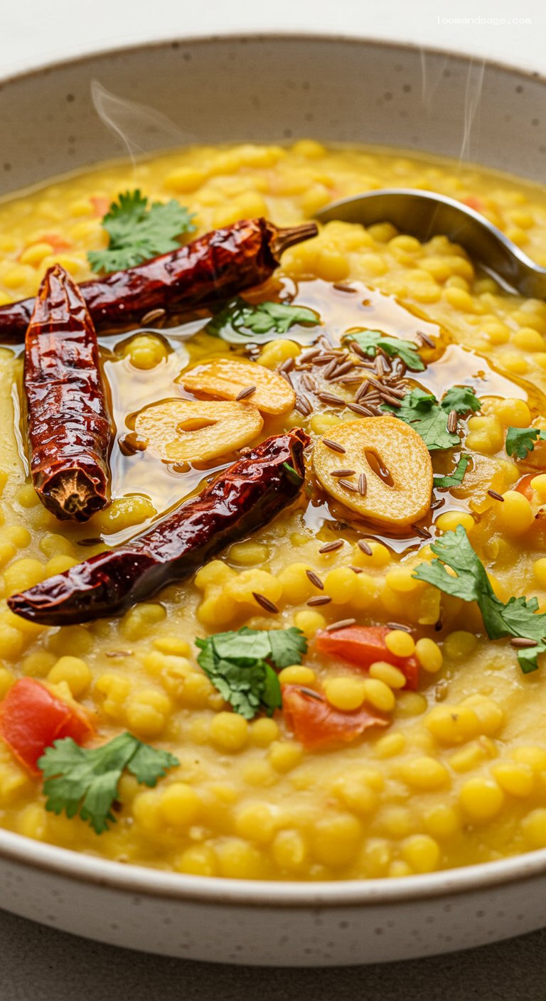 Creamy Dal Tadka with Garlic Chili Tempering – Closeup
