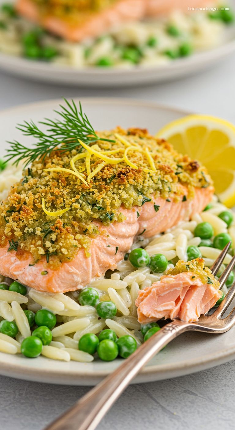 Creamy Lemon-Dill Salmon with Orzo and Peas – Closeup